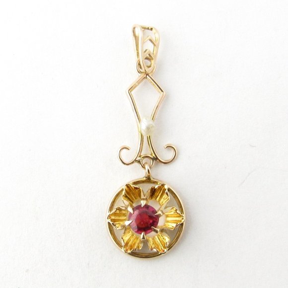 Vintage 10 Karat Yellow Gold Synthetic Ruby and Pearl Pendant #3044 - Picture 1 of 4